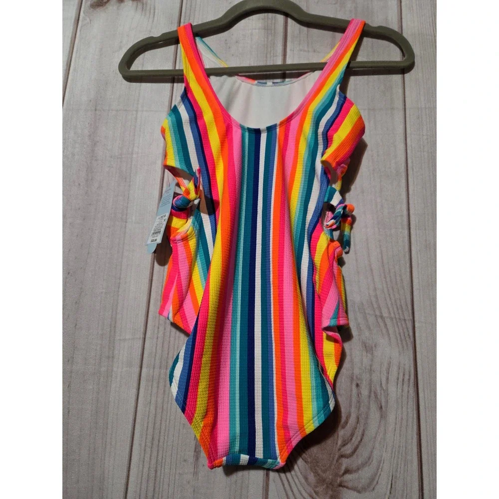 Cat & Jack Girls Rainbow Stripe One Piece Swimsuit Side Cut Out Size L 10/12 NWT